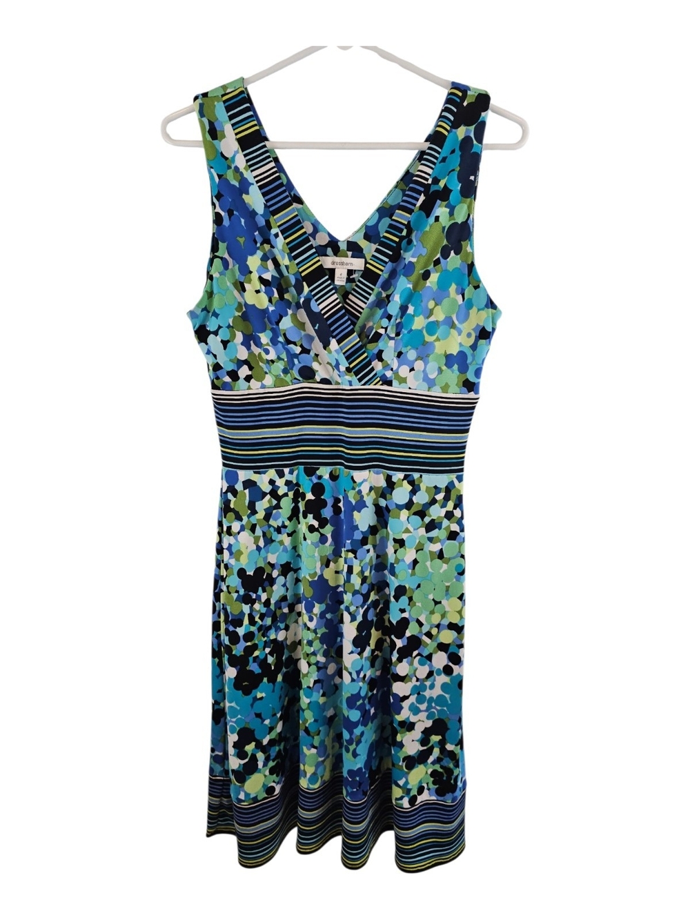dressbarn Size 6 Blue and Green Patterned V-Neck Sleeveless Dress